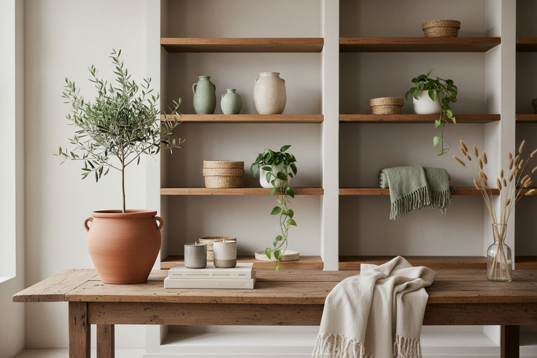 A refined, editorial-style interior scene for a boutique home collection. Soft natural light falls across a wooden table and shelves styled with artisanal home objects: ceramic planters, candles, vases, woven textiles, and small botanical accents. The atmosphere is calm, serene, and luxurious, evoking a cozy, elevated home environment. Muted neutral tones, soft greens, creams, and warm terracotta. Minimalist and uncluttered composition, shallow depth of field, lifestyle magazine aesthetic, editorial photogr