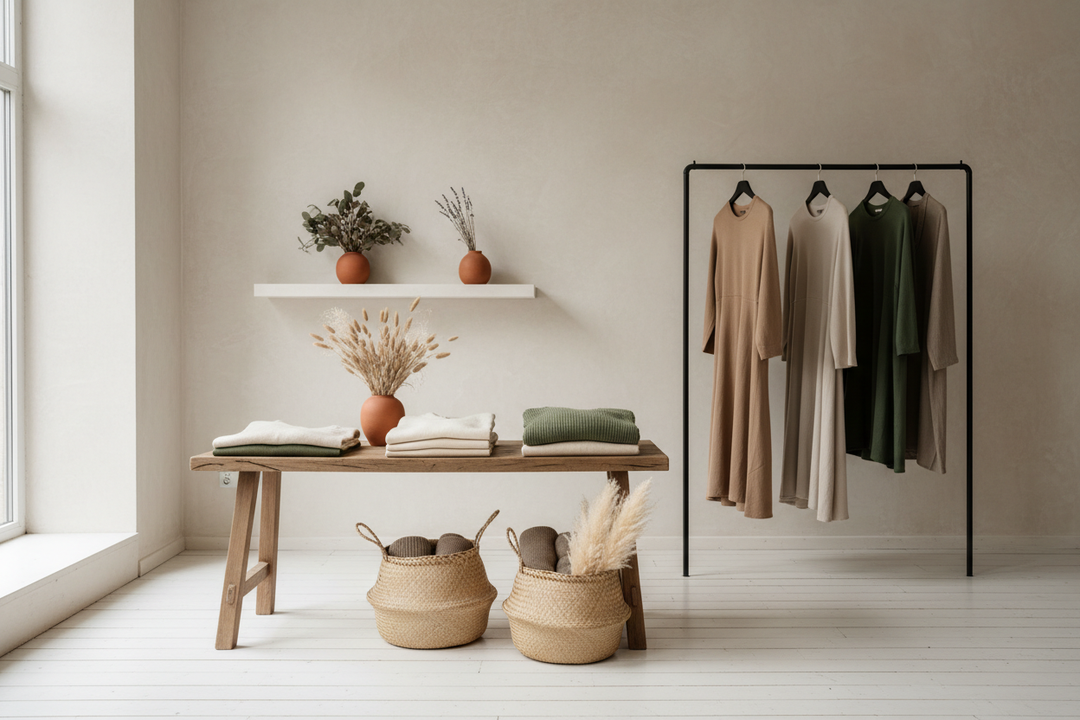 A refined, editorial-style lifestyle scene showcasing boutique apparel. Soft natural light illuminates a wooden or neutral-toned studio space styled with carefully folded or draped clothing, minimal hangers, woven baskets, and subtle botanical accents like eucalyptus or dried flowers. The atmosphere is calm, serene, and luxurious, evoking a quiet, boutique shopping experience. Muted neutrals, soft greens, creams, and warm terracotta tones. Minimalist and uncluttered composition, shallow depth of field, life