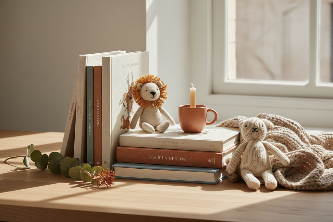 A refined, editorial-style lifestyle scene showcasing boutique children’s books and soft objects. Soft natural light illuminates a wooden or neutral-toned surface styled with carefully arranged hardcover and illustrated books, small plush toys, and subtle botanical accents like eucalyptus or dried flowers. The atmosphere feels calm, cozy, and luxurious, evoking a quiet, curated boutique experience for children’s spaces. Muted neutral tones, soft greens, creams, warm terracotta, and gentle shadows. 