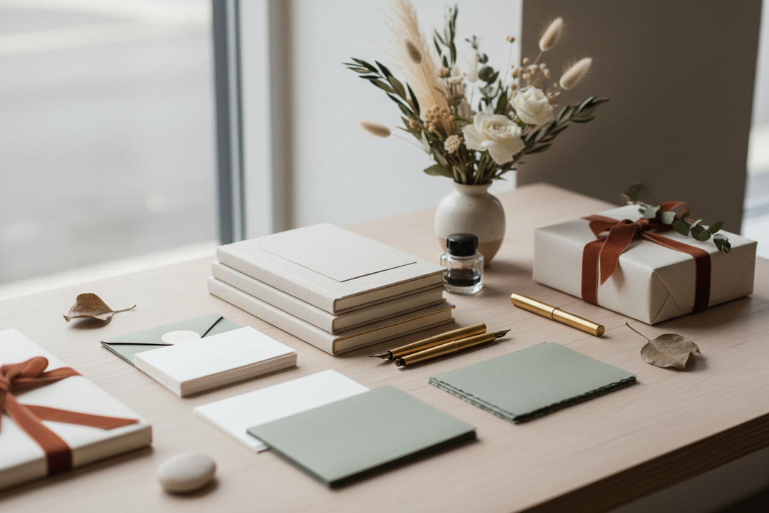 A refined, editorial-style lifestyle scene showcasing boutique stationery and giftable items. Soft natural light illuminates a wooden or neutral-toned surface styled with journals, notecards, pens, elegant wrapped gifts, and subtle botanical accents like eucalyptus, dried flowers, or greenery. The atmosphere feels calm, serene, and luxurious, evoking a quiet, curated boutique experience. Muted neutral tones, soft greens, creams, and warm terracotta. Minimalist and uncluttered composition, shallow depth of f