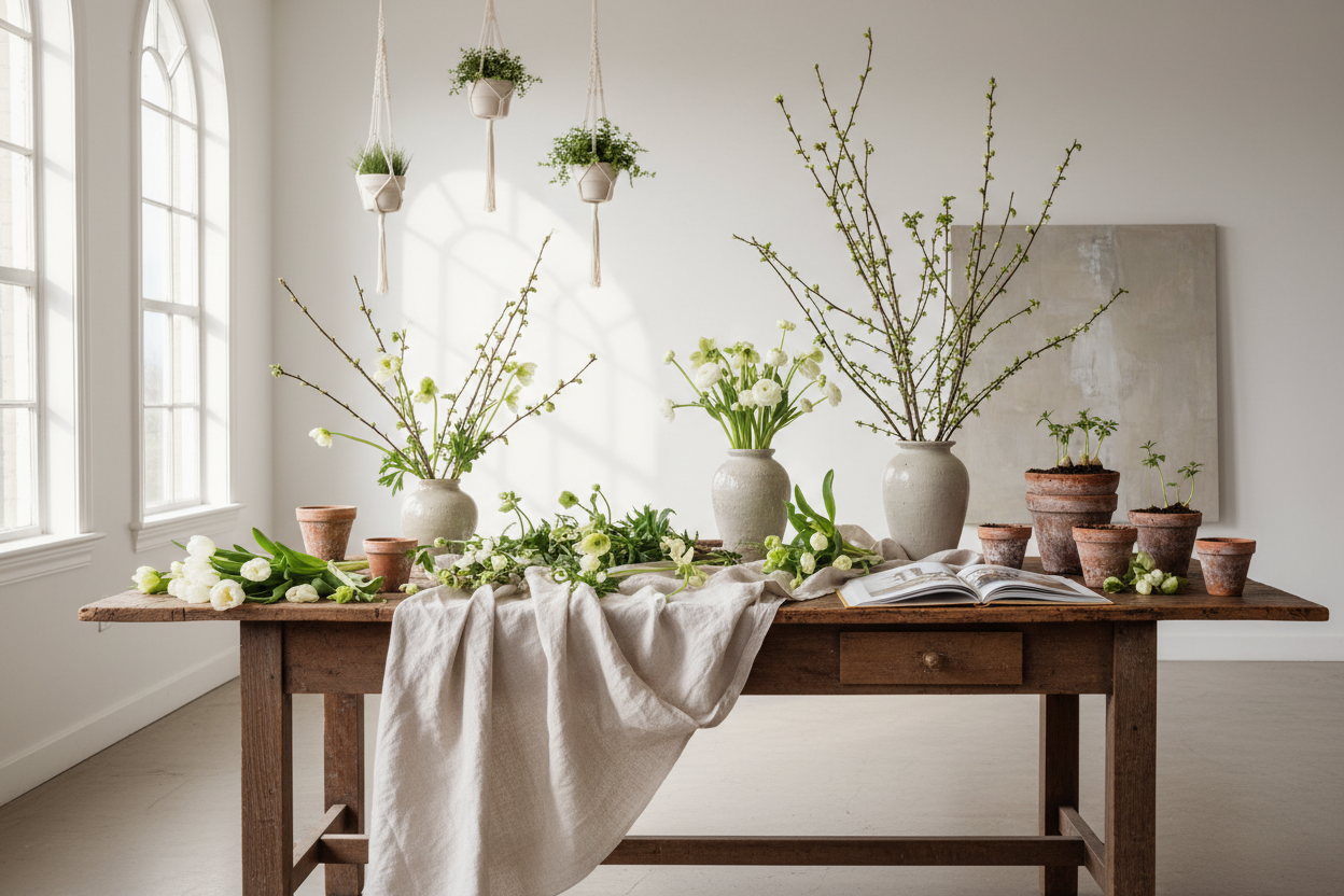A refined, editorial-style spring botanical scene inside a light-filled studio. Soft morning light falls across a wooden table styled with fresh greenery, budding branches, seasonal flowers, and natural textures like linen, ceramic, and terracotta. The atmosphere feels calm, airy, and quietly luxurious, like a boutique plant studio preparing for a spring collection. No people, just a sense of anticipation. Muted greens, soft whites, warm neutrals, and gentle shadows. Shot like a lifestyle magazine photo